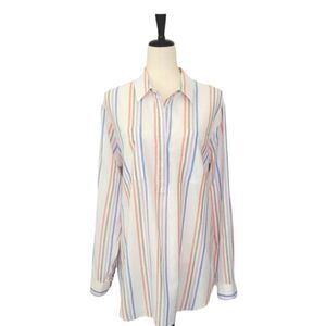 Lands' End Striped Cotton Linen Blend Long Sleeve Half Button Down Tunic Size XL